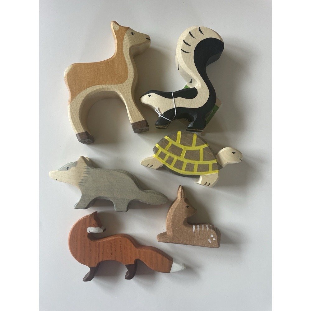Holztiger Ostheimer Wooden Animal Lot Fox Deer Skunk Turtle Waldorf Toy *6 Piece